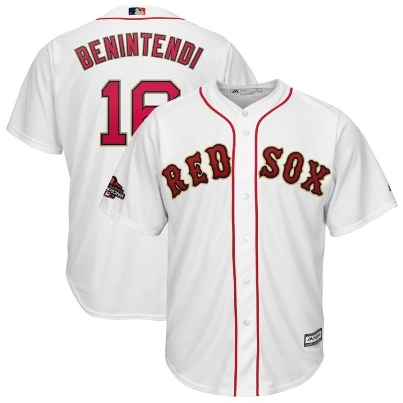 Men MLB Boston Red Sox 16 Benintendi white Gold Letter game jerseys